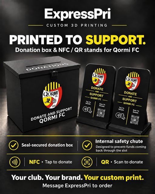 Qormi FC donation box & stands — completed ExpressPri project